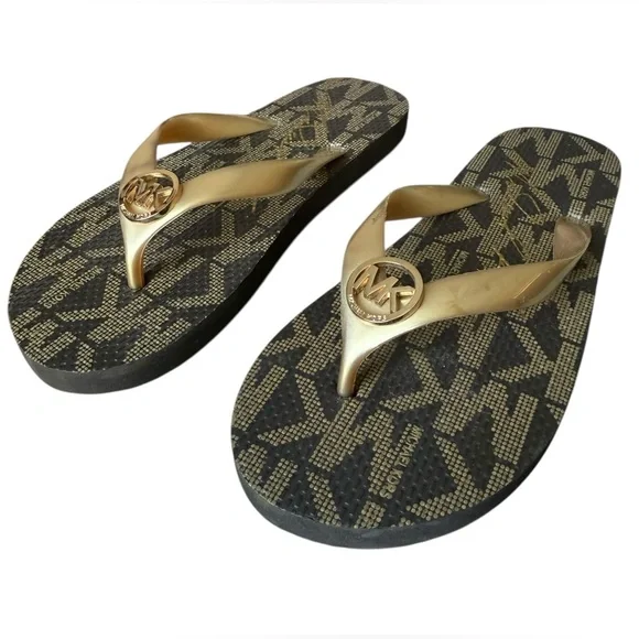 Michael Kors Jet Set Signature Flip Flops Brown/Gold Logo Size 7 - Picture 5 of 10